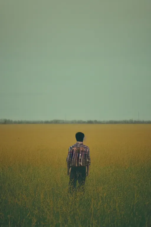 Image similar to agfa vista 4 0 0 photograph of a guy standing in a field of human skulls, back view, synth vibe, vaporwave colors, lens flare, moody lighting, moody vibe, telephoto, 9 0 s vibe, blurry background, grain, tranquil, calm, faded!,