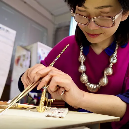 Image similar to A chinese female goldsmith at her desk crafting a necklace