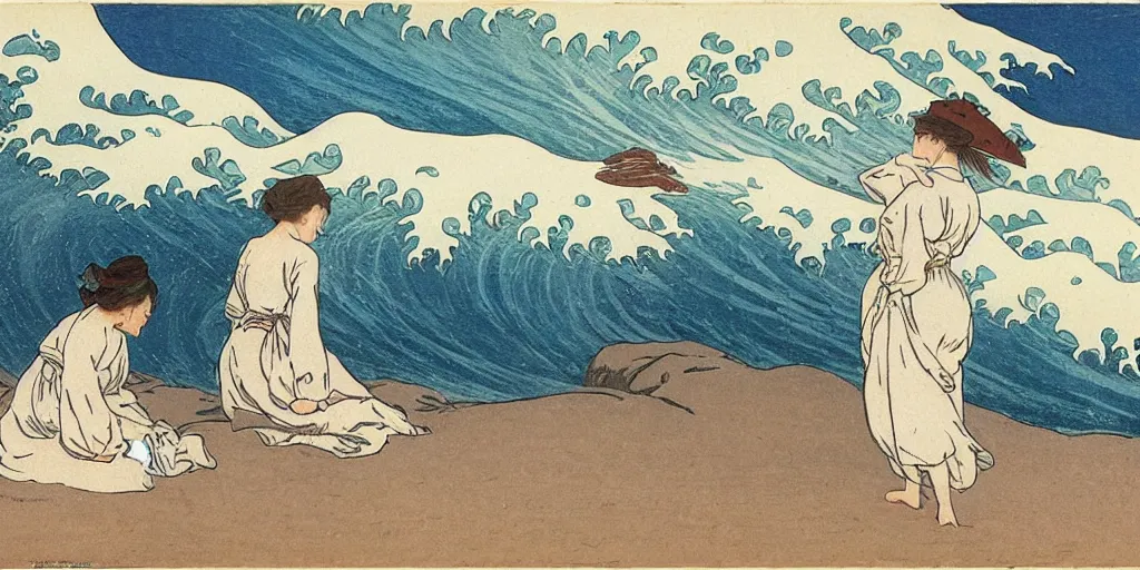 Image similar to two young edwardian women wearing white dresses hold hands on a beach in Sweden, in the style of Anders Zorn, waves in the style of the great wave off kanagawa by Hokusai