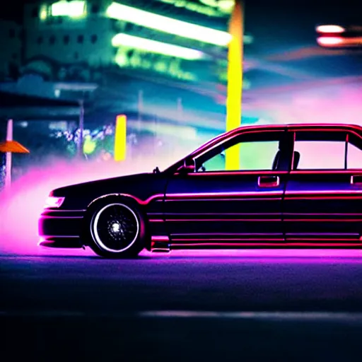 Image similar to a car Toyota Chaser twin-turbo at illegal car meet, Saitama prefecture, city sunset mist neon lights, cinematic color, photorealistic, highly detailed, 200MM