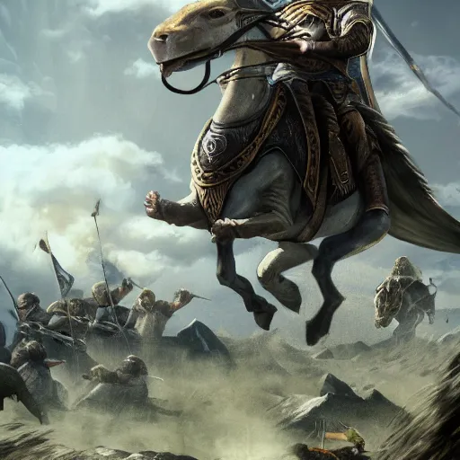 Prompt: the rohirrim riding into battle on giant turtles at minas tirith, trending on artstation