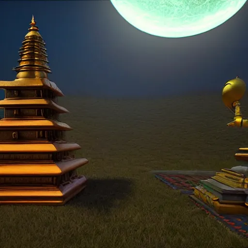 Prompt: vishnu descending from an ufo over a temple in india during the night, cinematic, unreal engine 5