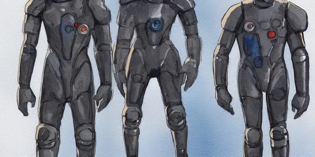 Image similar to male, full body, wide shot, modern space suit, intriguing helmet, very stylized character design, the expanse tv series, large shoulders, short torso, long thin legs, tiny feet, science fiction, hyperdetailed, technical suit, dieselpunk, watercolor digital painting, in the style of bruce timm, by alex maleev