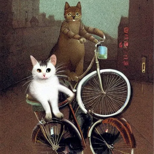Prompt: A cat driving a bicycle, an illustration by Michael Sowa, but as photography