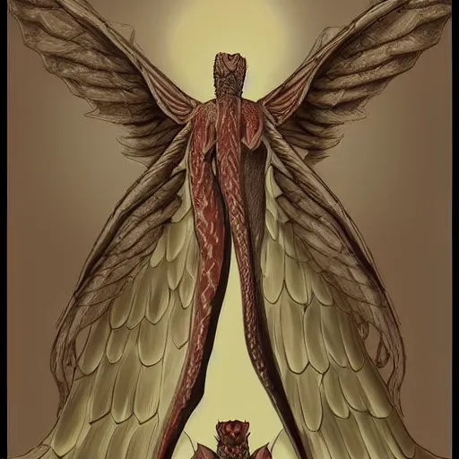 Image similar to an amalgamation of a snake, lizard, and human with one angelic wing and one demonic wing