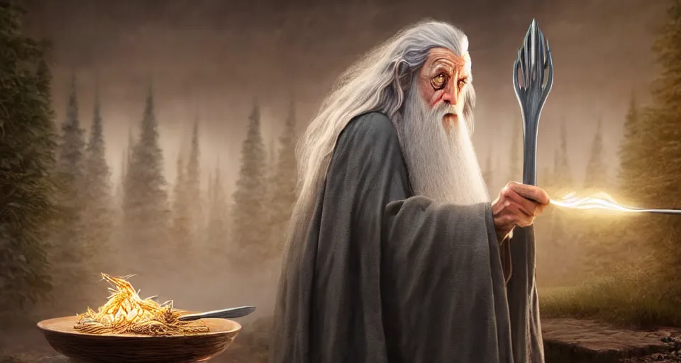 Image similar to A beautiful hyper realistic ultra detailed lifelike matte painting of Gandalf the grey casting a magic gigantic fork spell at crimson beehive in forest, unreal engine, deviantart, flickr, artstation, octane render, textured, colorful, extreme realistic detail, physically based rendering, pbr render, very detailed, volumetric lighting, detailed lighting, octane render, 4k, cinematic lighting, 8k resolution