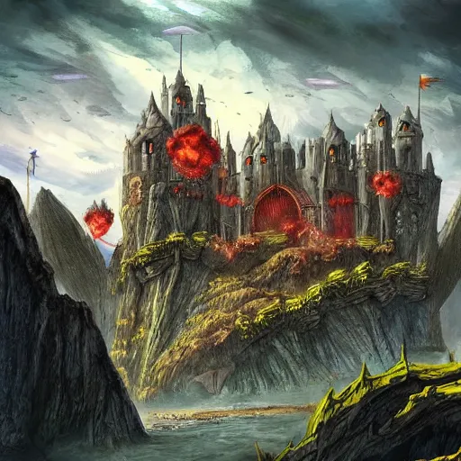 Image similar to a castle on a flying island, masterpiece, flying island on the sky, magic the gathering coloring style, epic fantasy style art, fantasy epic digital art, epic fantasy card game art