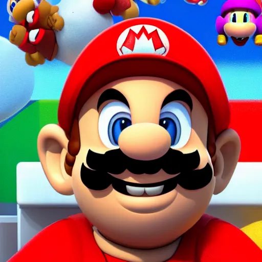 Prompt: Portrait Photo of Super Mario smiling into the camera wearing his red cap, smiling softly, super mario bros, realistic, 4k/8, real, photoshooting, relaxing on a modern couch, interior lighting, cozy living room background, medium shot, mid-shot, soft focus, professional photography, Portra 400