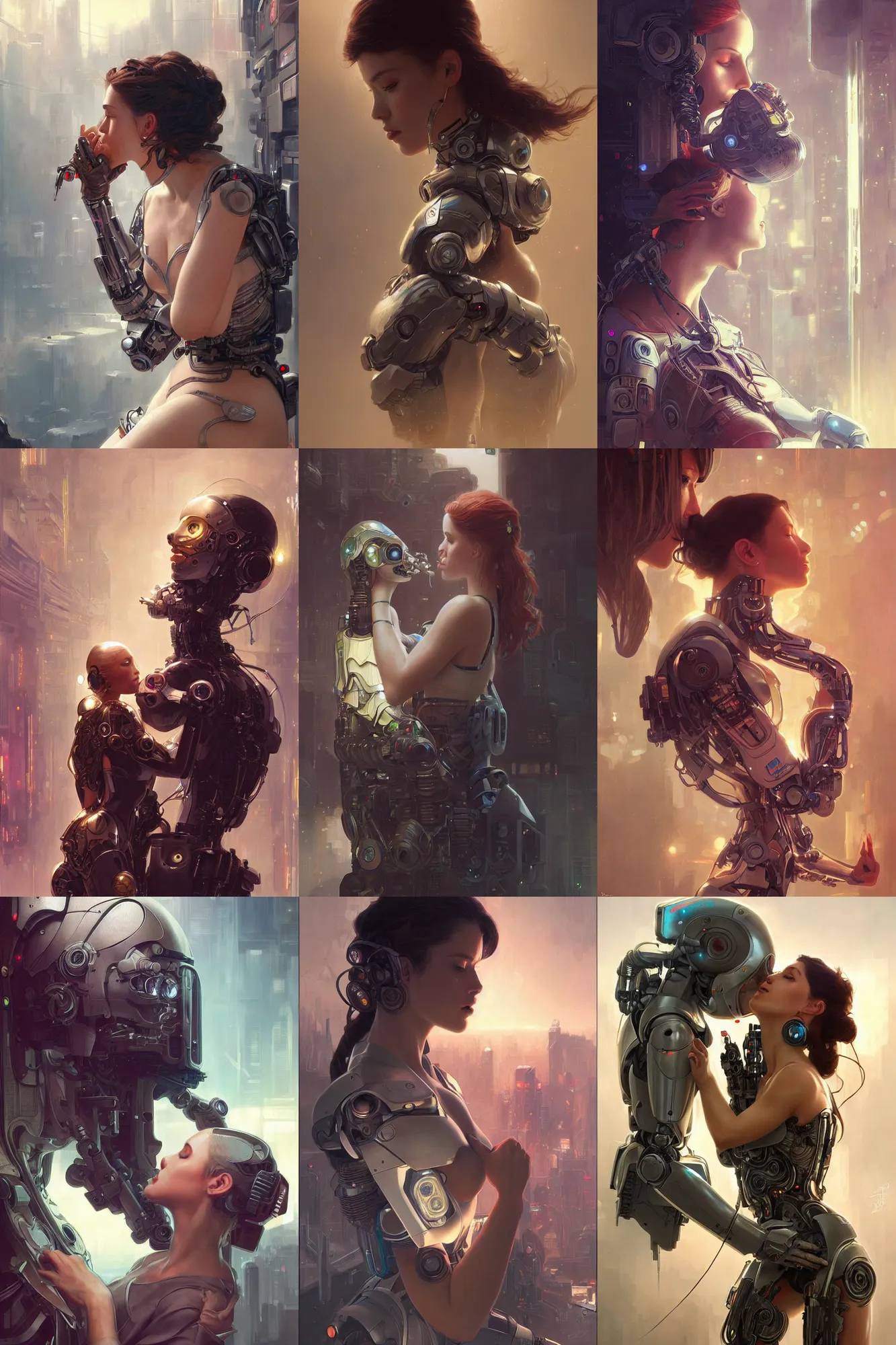 Prompt: Ultra realistic illustration, woman kissing a robot, cyberpunk, sci-fi, fantasy, intricate, elegant, highly detailed, digital painting, artstation, concept art, smooth, sharp focus, illustration, art by artgerm and greg rutkowski and alphonse mucha