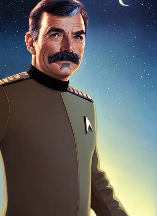 Prompt: star trek officer daniel plainview, natural lighting, path traced, highly detailed, high quality, digital painting, by don bluth and ross tran and studio ghibli and alphonse mucha, artgerm