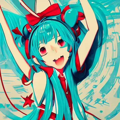 Image similar to art of the Hatsune Miku in the style of Soviet posters, trending on pixiv