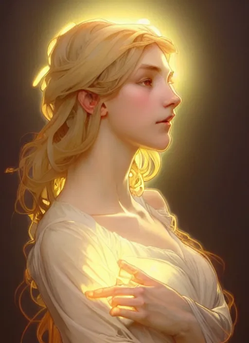 Image similar to digital character concept art by artgerm and greg rutkowski and alphonse mucha. clear portrait of a young wife blessed by god to uncontrollably become overwhelmingly perfect!! blonde, casually clothed! obviously feminine holy body!! light effect. hyper detailed, glowing lights!! intricate, elegant, digital painting, artstation, smooth, sharp focus