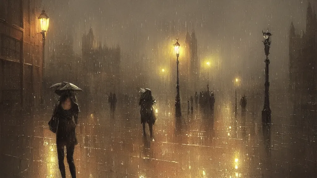 Image similar to rainy night in london, greg rutkowski