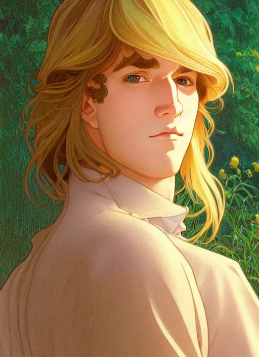 Image similar to pretty young man with shoulder length shiny shimmering golden blond hair, path traced, highly detailed, high quality, digital painting, by studio ghibli and alphonse mucha, leesha hannigan, disney