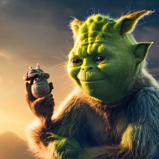 Image similar to ryan reynolds godzilla yoda donkey kong pikachu yeti shrek spongebob homer groot rick sanchez elsa, highly detailed, extremely high quality, hd, 4 k, 8 k, professional photographer, 4 0 mp, lifelike, top - rated, award winning, cinematic, realistic, detailed lighting, detailed shadows, sharp, no blur, edited, corrected, trending