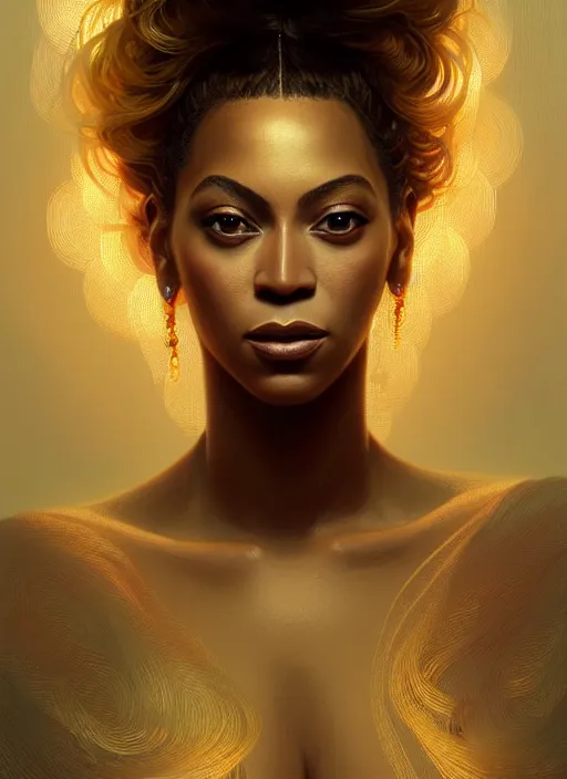 Prompt: portrait of beyonce, intricate, elegant, glowing lights, highly detailed, digital painting, artstation, glamor pose, concept art, smooth, sharp focus, illustration, art by wlop, alphonse mucha and greg rutkowski