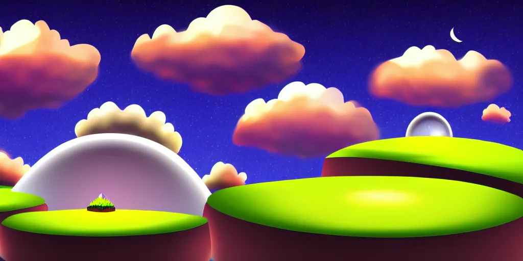 Prompt: nightscape chubby cartoon concept art, skyscraper over a grass spiral hill, spiral clouds, liquid smoke