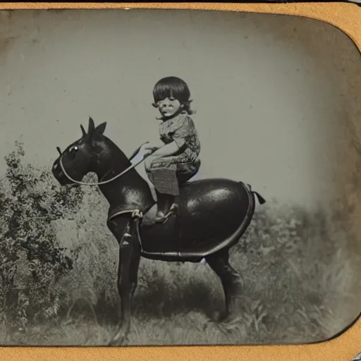 Prompt: tintype photo of child riding huge beetle