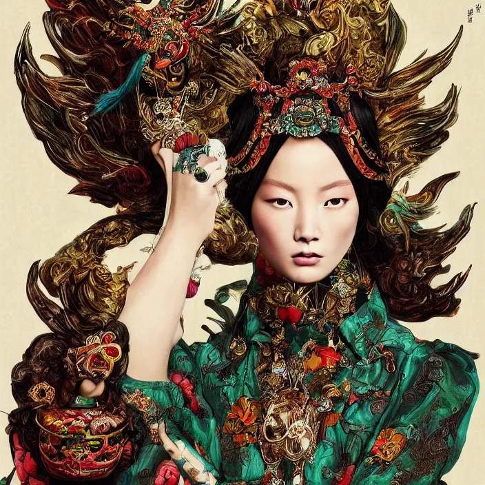 Image similar to chinese gucci goddess nerd, future fashion, stylish deity, model, volumetric, concept art, gucci, digital painting, beautiful, ornate, hd, by annie leibovitz, by giger