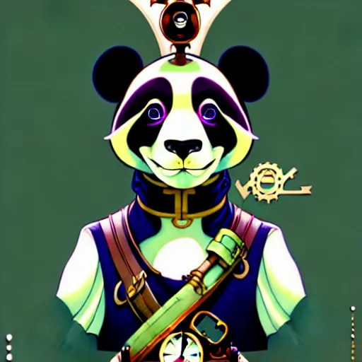 Image similar to don bluth, loish, artgerm, joshua middleton, steampunk, clockpunk anthropomorphic panda, full sailor suit, symmetrical eyes symmetrical face, colorful animation forest background