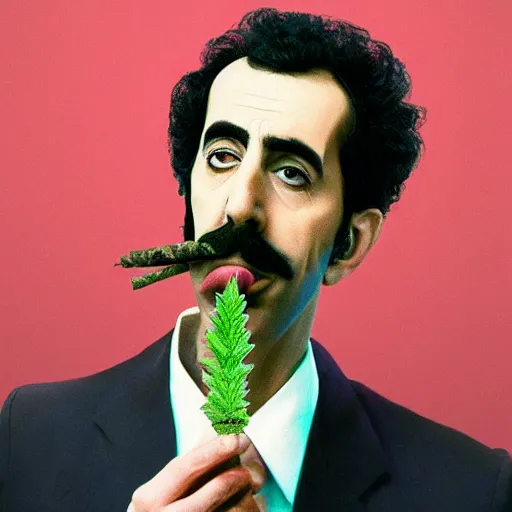 Image similar to A portrait of borat sagdiyev smoking a rolled marijuana joint, 8k, hyper realistic