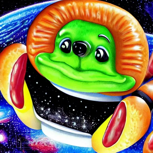 Prompt: a beautiful hotdog in space wearing a tuxedo with colorful bright green eyes, medium shot, hd, 8k, hyper-realism, detailed,