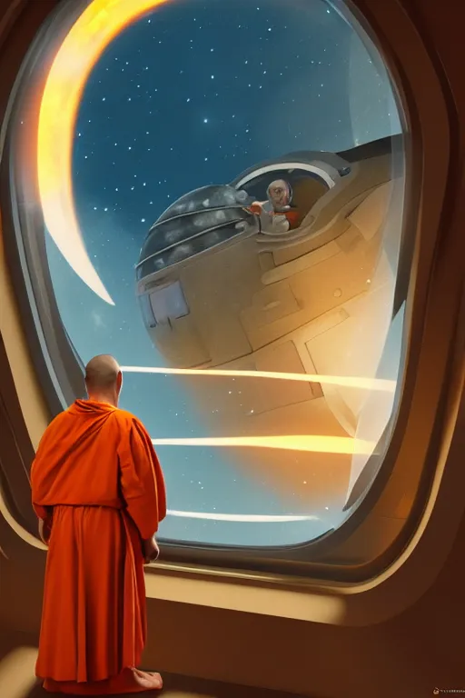 Image similar to portrait of a monk in a spaceship, round window, exploding star, orange robe, dramatic lighting, artstation, matte painting, ralph mcquarrie