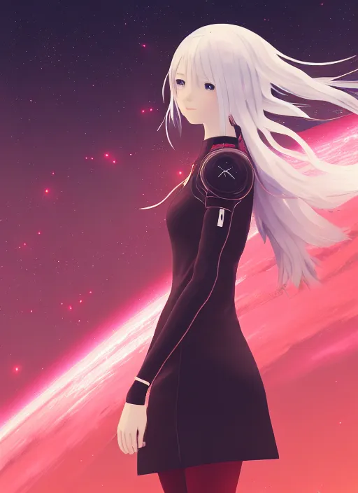 Prompt: highly detailed portrait of a hopeful pretty astronaut lady with a wavy blonde hair, by Makoto Shinkai , 4k resolution, nier:automata inspired, bravely default inspired, vibrant but dreary but upflifting red, black and white color scheme!!! ((Space nebula background))