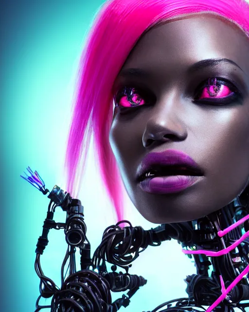 Prompt: portrait of a beautiful black woman with pink hair as a cyberpunk cyborg half robot, revealing wires and electronics, sci - fi, missing panels, intricate abstract upper body intricate artwork, concept art, octane render, deviantart, cinematic, key art, hyperrealism, iridescent accents, portrait photograph, nikon 3 5 mm, photograph by greg rutkowski