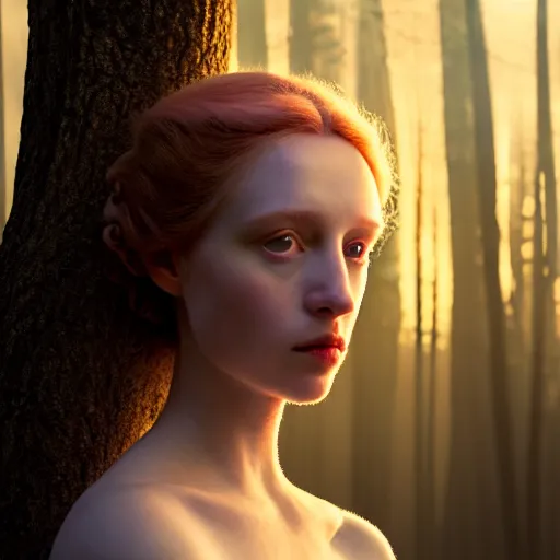 Image similar to photographic portrait of a stunningly beautiful english renaissance female in soft dreamy light at sunset, frozen forest, soft focus, contemporary fashion shoot, in a denis villeneuve and tim burton movie, by edward robert hughes, annie leibovitz and steve mccurry, david lazar, jimmy nelsson, extremely detailed, breathtaking, hyperrealistic, perfect face, octane render