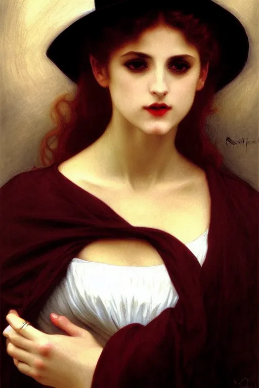 Image similar to vampire in a big hat, painting by rossetti bouguereau, detailed art, artstation