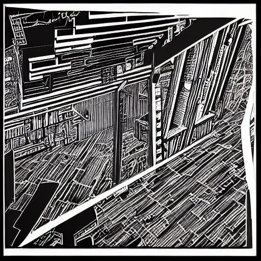 Prompt: Technical drawing of abandoned graffiti architecture fused with color glitch fused with geo strata chart fused with broken floor plans, highly detailed , black and white color scheme, fine lines and graphite, stanley donwood,