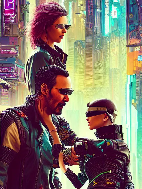 Image similar to a cyberpunk 2077 couple portrait of Keanu Reeves and V ,love story , lots of electric cable behind them connected to giant computer,film lighting,by laurie greasley,Lawrence Alma-Tadema,William Morris,Dan Mumford,trending on atrstation,FAN ART,full of color,Digital painting,highly detailed,8K, octane,golden ratio,cinematic lighting