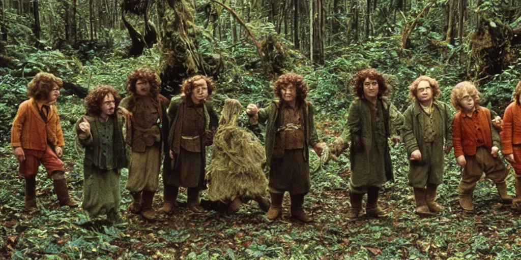 Image similar to A full color still from a Stanley Kubrick film featuring four hobbits, from behind, in a dark forest, 35mm, 1975