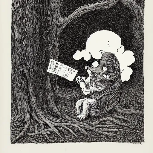 Image similar to a deep dark tangled forest, a white rabbit smoking a cigarette while reclining, a lingering smoke cloud, childrens illustration, by edward gorey, by gustav dore