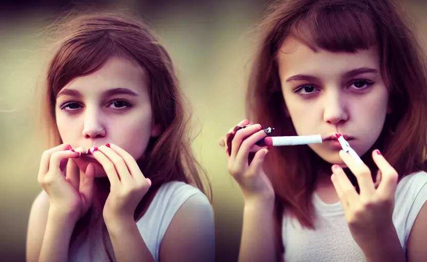 Image similar to portrait photography of a cute young girl smoking a cigarette, photorealistic, detailed, 4 k