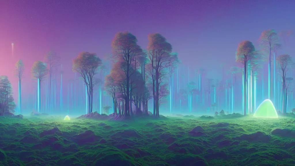 Prompt: highly detailed holographic iridescent glowing ethereal sci fi world with forests, deserts, ocean waves, fog at dusk, by gilbert williams, by simon stalenhag, by beeple, by bruce pennington, by moebius, octane render, with many different pastel shades of blue pink orange yellow green, beautiful volumetric lighting