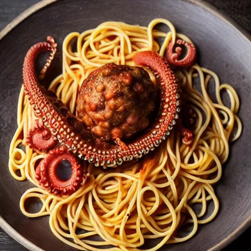 Prompt: octopus with spaghetti as its tentacles, and a meatball as its body