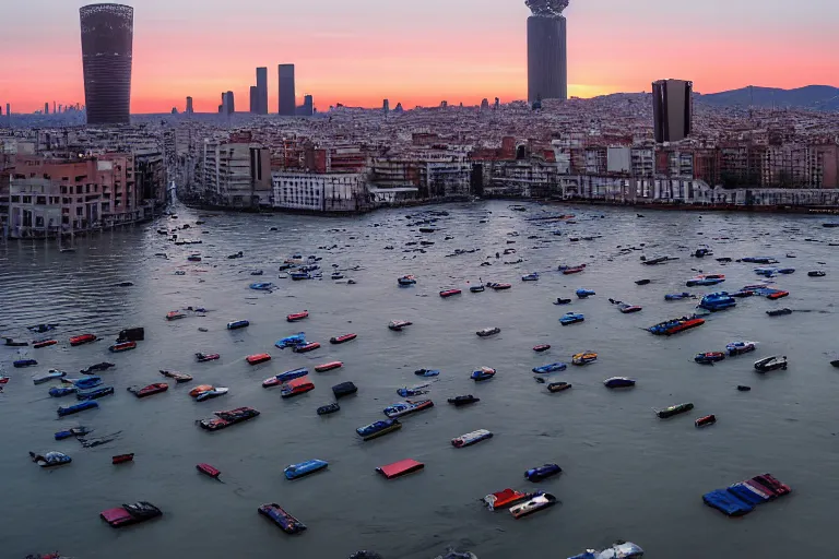 Image similar to views of catastrophic barcelona's downtown with agbar tower covered with high water, global warming, floating cars, sunset lighting, photo real