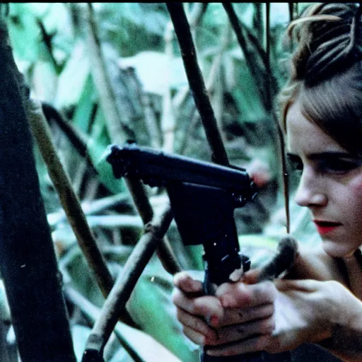 Image similar to film still, extreme far view, emma watson vietnam door gunner, film still from apocalypse now ( 1 9 7 9 ), 2 6 mm, kodak ektachrome, blue tint expired film,