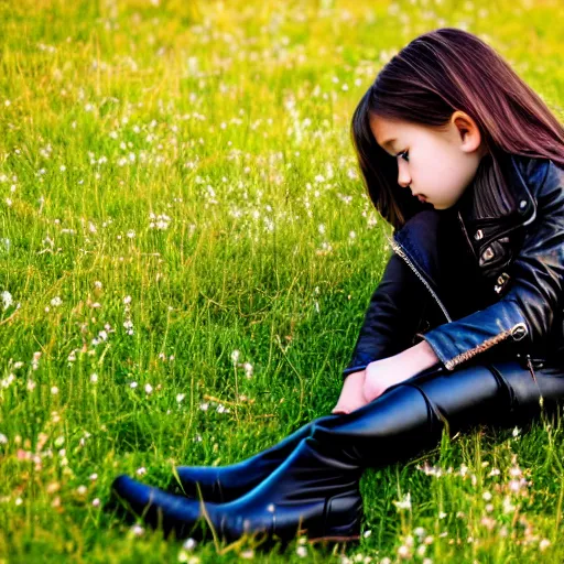 Image similar to young girl lies on a meadow, she wears leather jacket, jeans and black boots, intricate, sharp focus, photo taken by nikon, 4 k,