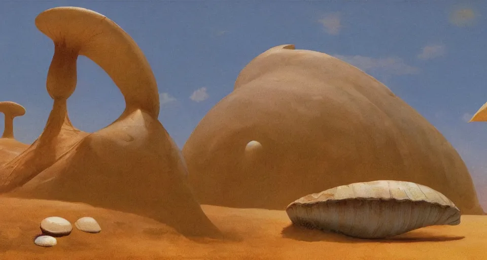 Image similar to a deserted island, giant seashell stands in the middle, a girl standing below, concept art by roger dean and john harris, atmospheric