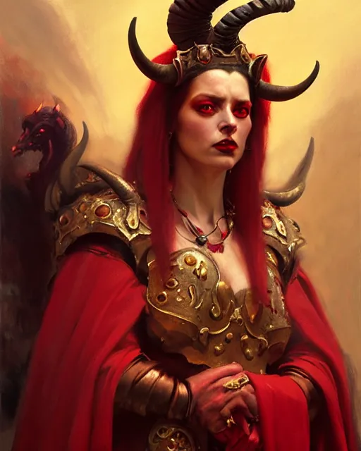 Image similar to painted close - up portrait of an attractive red - skinned intimidating demon queen with ram horns. oil painting, wearing a noblewoman's outfit, fantasy art by greg rutkowski and john singer sargent and gaston bussiere, demon noble character design