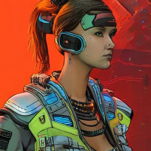 Image similar to Sonya. Apex legends cyberpunk feminist hacker. Concept art by James Gurney and Mœbius.