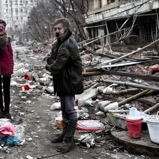 Image similar to ukraine after nuclear war, beggars hungry scary bums and devastation