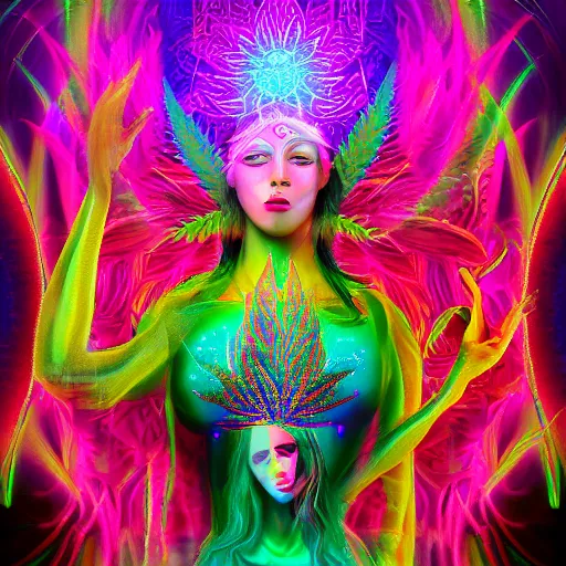Prompt: beautiful female spirit of cannabis with luxurious curved, she cures humankind with her cosmic feminine energy of pure love, visionary painting, highly detailed, psychedelic vibrant colors, green emerald smoke outline, octane render, masterpiece, nocrop