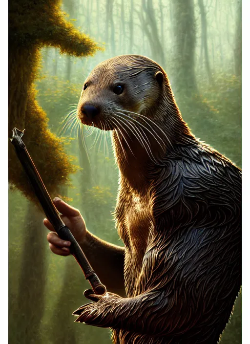 Image similar to a film still portrait of a otter warrior, finely detailed features, cinematic lighting, perfect art, brian jacques redwall woodland, forest, intricate, artstation, trending on pixiv fanbox, painted by brian jacques greg rutkowski, studio ghibli, 4 k