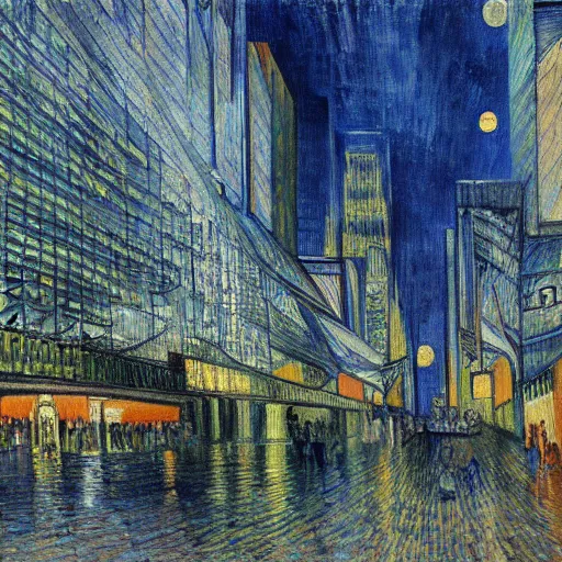 Prompt: a painting of a futuristic city, by van Gough