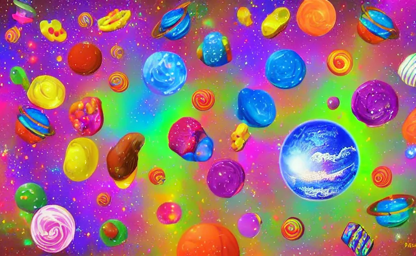Prompt: ''a planet made of candy, colorful, space, universe, digital art, realistic''