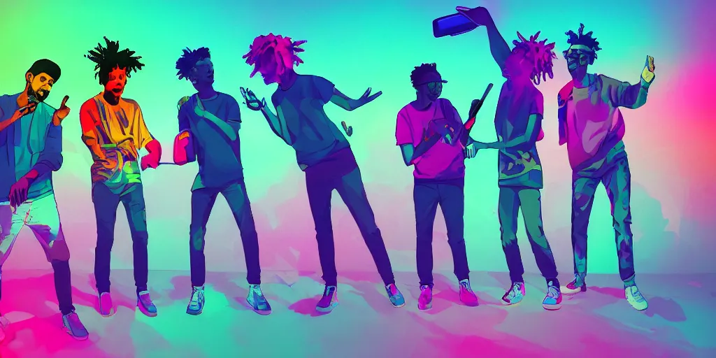 Prompt: four friends rapping with microphone in living room, epic pose, silhouetted, distinct, digital art, vaporwave, psychedelic, surreal, hip hop, trending on Artstation, professional artist, detailed, 4k